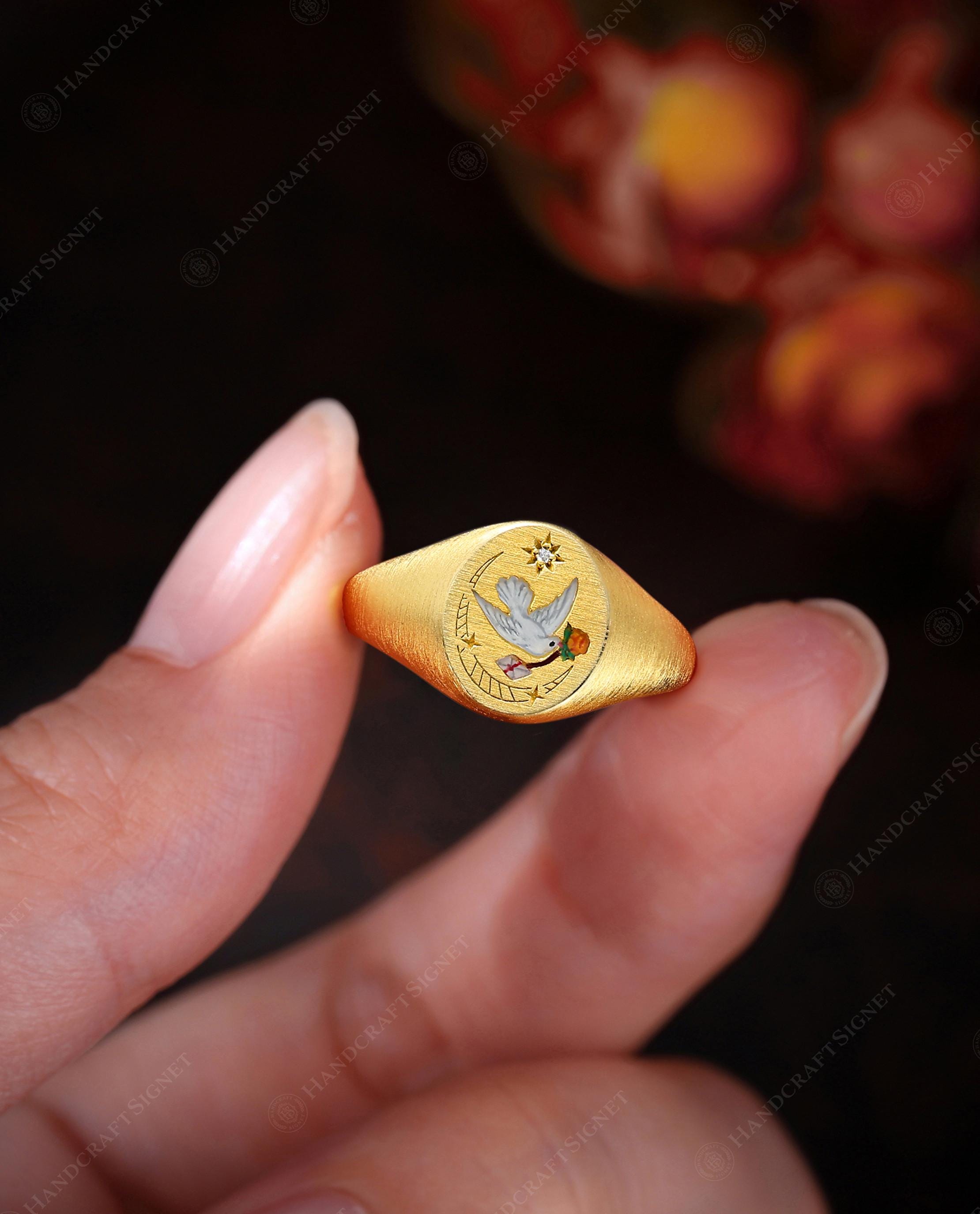 Vintage Hand-Painted Dove Signet Ring, Unique Yellow Gold Peace Ring, Enamel Engraved Bird Ring for Women, Custom Anniversary Gift for Her