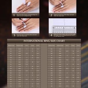 May include: Diagram illustrating how to measure a finger for ring sizing using paper and a ruler. Includes an international ring size chart with diameter, perimeter, and US/CA, Europe, and UK/AU sizes.