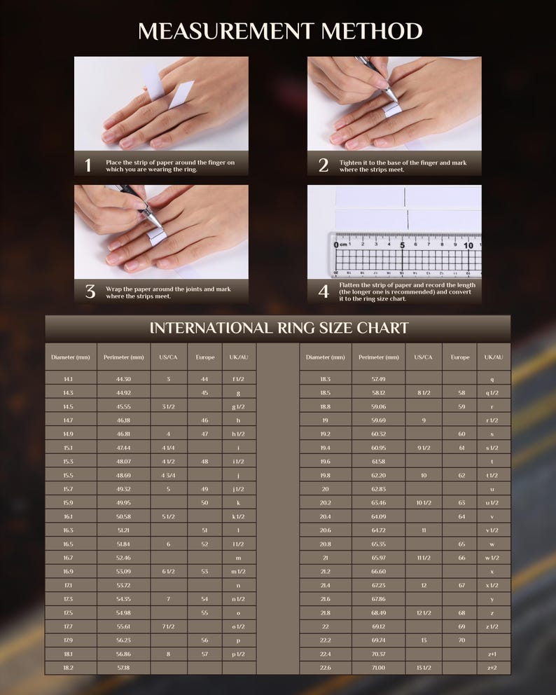 May include: Diagram illustrating how to measure a finger for ring sizing using paper and a ruler. Includes an international ring size chart with diameter, perimeter, and US/CA, Europe, and UK/AU sizes.