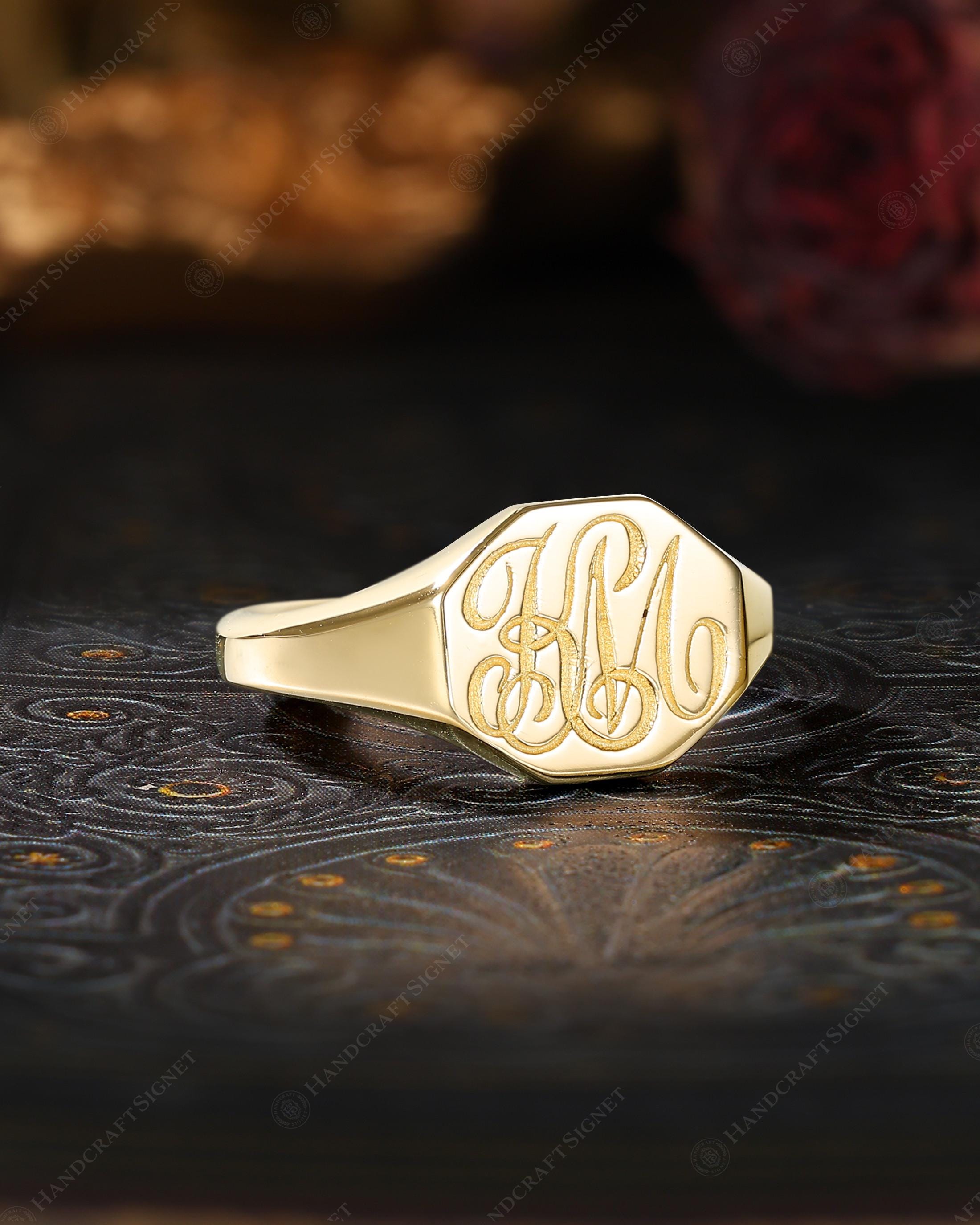 Signet Ring With R Script Custom KM Monogram Signet Ring, Interlocking Initial Band, Vintage ...