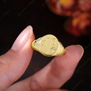 Custom A-Z Initial Signet Ring, Personalized Initial Ring, Script Letter V Monogram Ring, Moissanite Oval Ring, Rose Engraved Gift for Her image 5