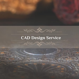 May include: A detailed shot of a dark, patterned surface with the text "CAD Design Service". The surface has an antique look, with blurred brown and red elements in the background, creating a vintage feel.