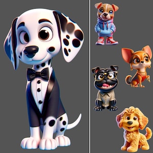Può includere: Un'illustrazione digitale di cinque cani di cartoni animati. Un dalmata con uno smoking, un carlino con una camicia a quadri, un cane marrone e bianco con una felpa blu, un cane marrone e bianco con un collare rosa e un golden retriever.