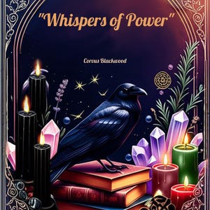 Può includere: Illustrazione digitale di una copertina di libro intitolata "Whispers of Power" con un corvo, candele e cristalli. Il testo "A Practical Guide to Magic" è in alto. Anche il nome dell'autore, Corvus Blackwood, è visibile.
