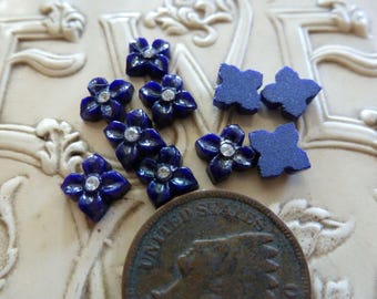 5 Vintage 5.8mm Opaque DARK BLUE Glass Flower Cab Cabochons w/Rhinestone C39
