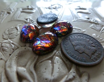 2 Black Opal Foil Art Glass Red Topaz Mix Blue Flash Dragon's Breath 14 x 10mm Cab Glass Stones, W. Germany C48