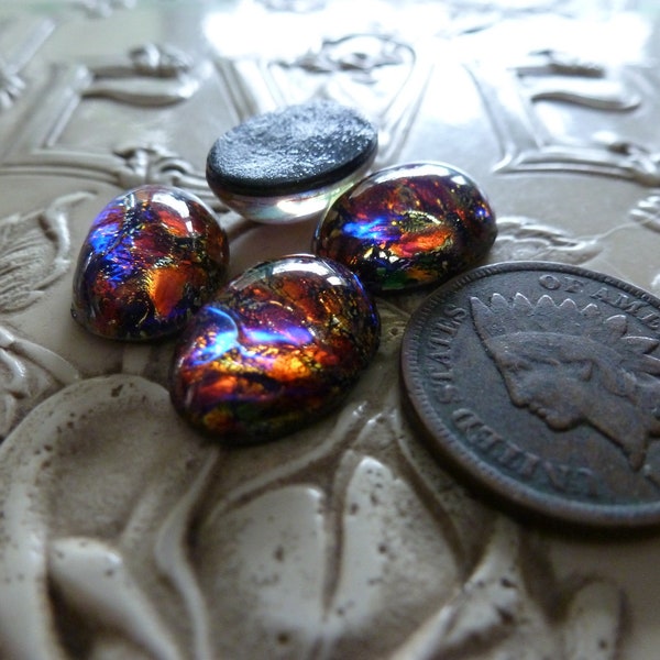 2 Black Opal Foil Art Glass Red Topaz Mix Blue Flash Dragon's Breath 14 x 10mm Cab Glass Stones, W. Germany C48