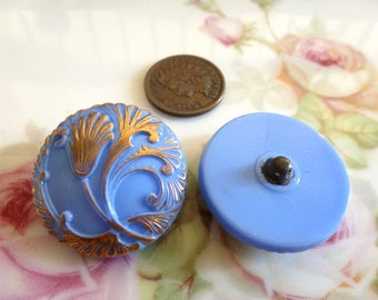 1 Vintage Robins Egg Blue German Nouveau Flower Glass Button C44