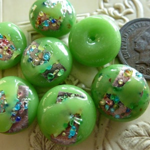 3 Vintage Opaque Green w/multi Frit & Silver Foil Cab Stones, Approx 13mm by 6-7mm thick, Japan, 1960s. C37