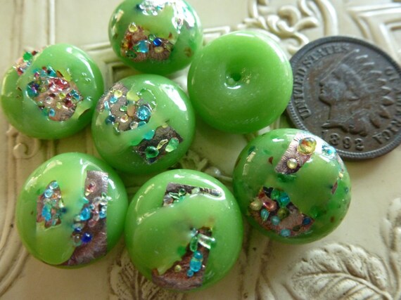 3 Vintage Opaque Green w/multi Frit & Silver Foil Cab Stones, Approx 13mm by 6-7mm thick, Japan, 1960s. C37