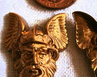 Vintage Brass Stamping, 1960s Detailed Bearded Viking Head with Winged Helmet, Raw Unplated Brass Jewelry Finding, 26x21mm, 1 pc. (Ccart)