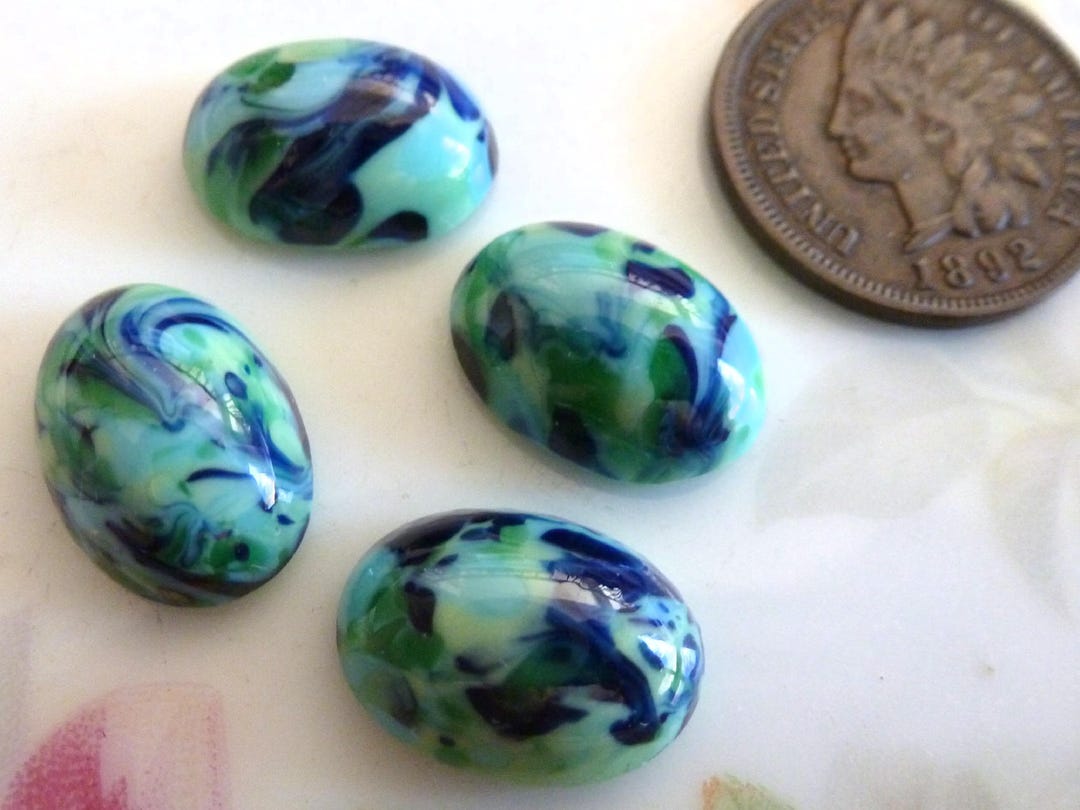 4 Vintage German Blue Green Glass Stones Cabs 13.5 X 10mm in - Etsy