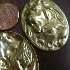 Vintage Brass Stamping, 1960s-70s Oval Lion and Lioness Cameo, Unplated Jewelry Finding or Embellishment Trim, 36x27.5mm, 2 pieces (Gbin)