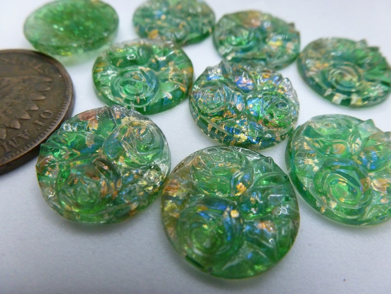 2 Amazing RARE Vintage Green Relief Rose Flower, Foil Dragon's Breath Blue Flash Glass Cab Cabochons, approx 12.8 mm in Diameter C49 image 1