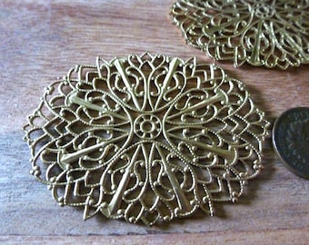 2 Vintage Filigree, Large Oval Yellowish Brass, Jewelry Finding or Embellishment, approx 61 x 45.3mm, 2 pieces C53