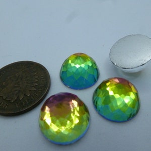 4 Vintage 12mm x 7mm High Dome Domed Glass Jewel/Stone, Vitrail Watermelon, Iris, Rainbow Flat Back Round Silver Mirror Foiled Cab C7