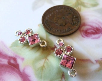 8 Vintage FLAWED Dark Rose Rhinestone  1/1 Connectors,  16 x 8mm, Set Jewels C43