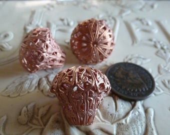 Vintage Filigree Beads, 1970s, Raw Unplated Copper Tone Lantern Brass Jewelry Findings, approx 18 x 18mm, 3 pieces G2