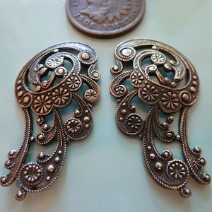 2 Pc, 1 Sided SET Antique Silver Nouveau Wing Swirls Haskell Dapped Stampings, 1 of Right & Left approx 32.5 x 18mm C52
