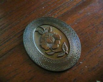 Vintage Brass Cabochon, 1950s Oval Desert Rose Flower Design Solid Brass Enamel Jewelry Finding or Embellishment, 33x26mm, 1 pc.