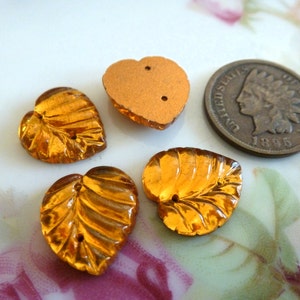 4 Textured Topaz German Glass Leaf SEW ON Cabochons, 14x13mm, Vintage Glass Leaf Flat Back Cabs C3