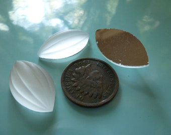 2 White Frosted Ribbed Navette, Marquis Cab, Melon Cabochon Stones, Flat Back Silver Mirror Foil, 24 x 13mm, Germany C50