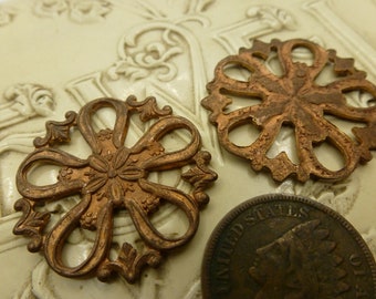 2 Vintage Round SOLID Die Cast Unplated Haskell Brass Findings Dark Patina, 26.4mm Diameter, 2 pcs. C52