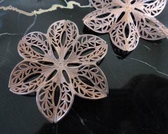 Vintage Filigree Flower, 1950s Round 6 Petal or Double Leaf Stamping, Raw Unplated Brass, Copper Tone Jewelry Finding, 45mm, 1 piece (C24)