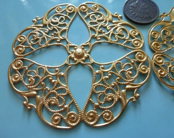 1 Vintage LARGE Matte Gold Brass Light Weight Malleable Filigree, approx 62.5mm in Diameter GPbin