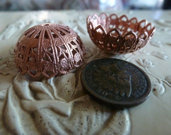 Vintage Filigree Bead Caps, 1970s, Raw Unplated Copper Tone Brass Jewelry Findings, 23mm wide by 11.5 high, 4 pieces G2