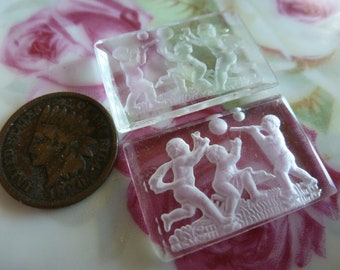 1 Adorable Boys Children at Play - Flute Intaglio Glass Cameo Glass Supplies, 27.5 x 18mm and 3mm thick Gbin