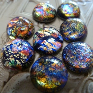 4 Vintage West German 11mm Round by 5.5mm high Dragon&#39;s Breath Stones Black Opal Glass Jewels C48