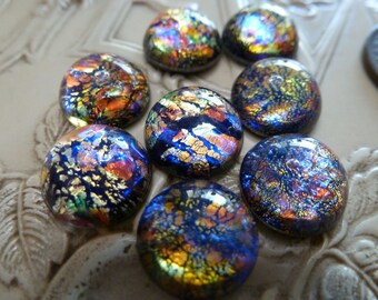 4 Vintage West German 11mm Round by 5.5mm high Dragon's Breath Stones Black Opal Glass Jewels C48