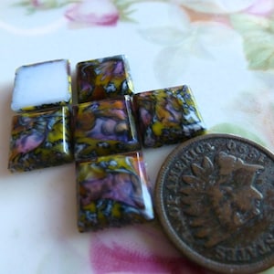 6 Square Multi Opaque w/Translucent FB Glass Cab Cabochons, Mosaic Tiles, 10 x 10mm, W. Germany C38