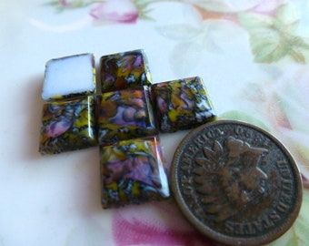 6 Square Multi Opaque w/Translucent FB Glass Cab Cabochons, Mosaic Tiles, 10 x 10mm, W. Germany C38
