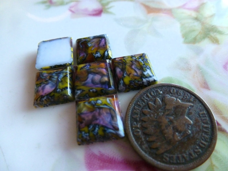 6 Square Multi Opaque w/Translucent FB Glass Cab Cabochons, Mosaic Tiles, 10 x 10mm, W. Germany C38 image 1