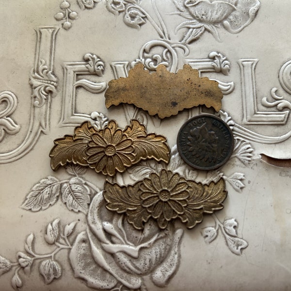 2 Vintage Flower Plaques, Raw Die Cast Brass Enamel/Guilloche Jewelry Finding, approx 40 x 19mm, 2 pcs. C15