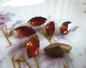 6 Vintage Rare Scalloped Givre approx 15 x 7mm Navette Topaz/Red Faceted Scalloped Edge German Stones Jewels C39