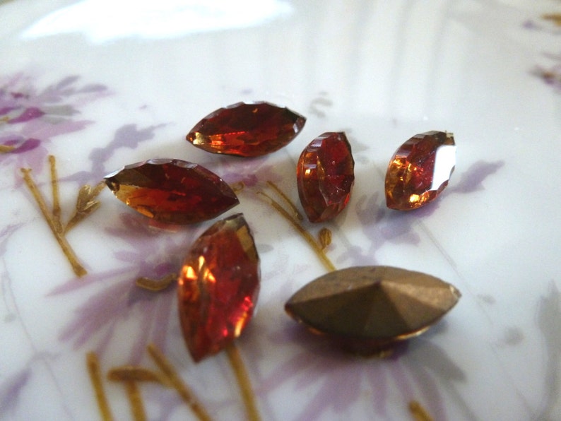 6 Vintage Rare Scalloped Givre approx 15 x 7mm Navette Topaz/Red Faceted Scalloped Edge German Stones Jewels C39 image 1