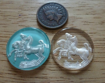 1 RARE Vintage 4 Horse, Horses Incised Clear Frosted Glass Intaglio Cameo 22.5mm, 1 Pc C40