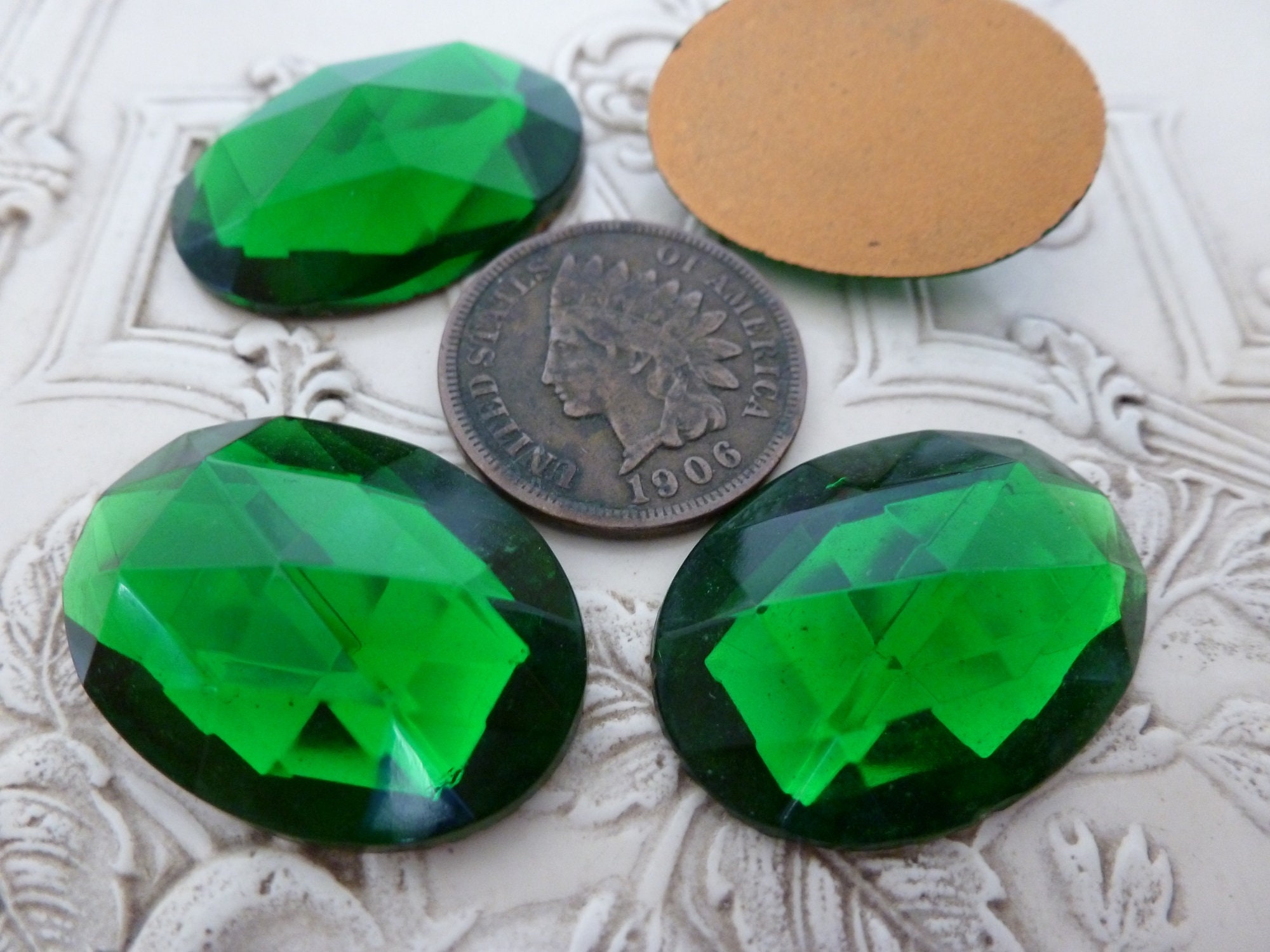 1 or 2 Gorgeous Emerald Green Faceted Top Glass Jewel, W. Germany, 25 x 18mm in Diameter by 7mm thick, C13