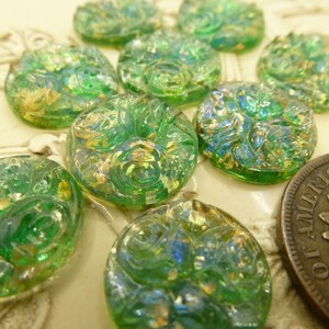 2 Amazing RARE Vintage Green Relief Rose Flower, Foil Dragon's Breath Blue Flash Glass Cab Cabochons, approx 12.8 mm in Diameter C49 image 4