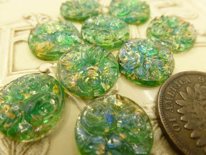 2 Amazing RARE Vintage Green Relief Rose Flower, Foil Dragon's Breath Blue Flash Glass Cab Cabochons, approx 12.8 mm in Diameter C49 image 4