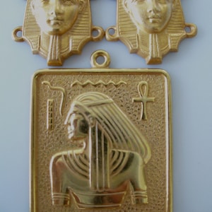 Rare Haskell Stamping Set: 1950s Egyptian Revival Sphinx, Pharaoh Stampings,  Gold Plate Brass, Pendant & Connectors, 3 pcs.