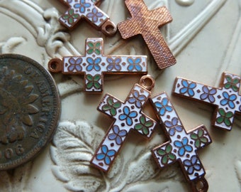 5 Vintage Enameled Blue/Purple/Green and White Cross Findings approx 17 tall x 9.75mm wide, w/Loop C43