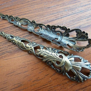 Vintage Filigree Stampings, 1970s Long Flourish Pendants or Drops, Fully Dapped Antiqued Brass Jewelry Findings, 70x16mm,  2 pcs. (C7-8)