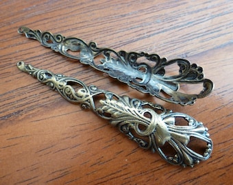 Vintage Filigree Stampings, 1970s Long Flourish Pendants or Drops, Fully Dapped Antiqued Brass Jewelry Findings, 70x16mm,  2 pcs. (C7-8)