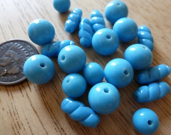 12 Vintage Japanese Turquoise Blue Round Twisty Glass Mix Beads C32
