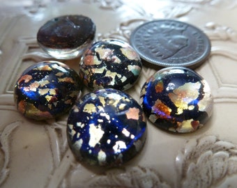 4 Vintage West German 13mm Round by 6mm high BLUE Dragon's Breath Stones Black Opal Glass Jewels C48