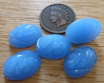 2 Vintage 16 x 11mm Chalcedony Blue Glass Flower Leaf Flat Backed Cab Cabochon C40